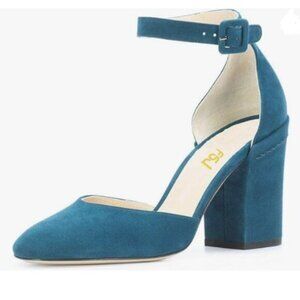 FSJ Women Ankle Strap Pumps Retro Round Toe Faux Suede Chunky Heels Blue Shoes